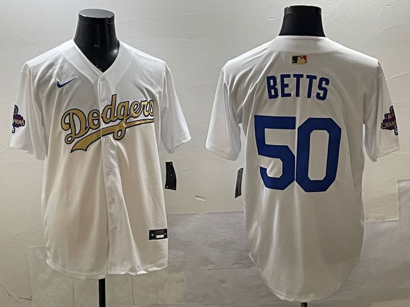 Men Los Angeles Dodgers #50 Betts White Champion gold character 2025 Nike MLB Jersey style 3311